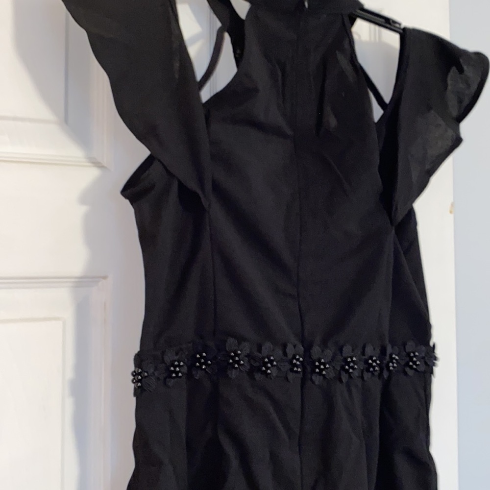 ❌DONATED❌Black Cold Shoulder High Neck Crochet Appliqué Lined Shorts Romper - Picture 7 of 15